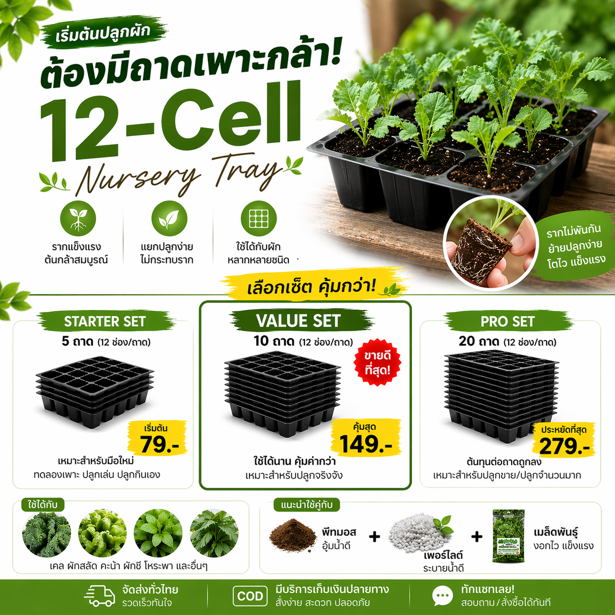 12-cell seedling tray, sturdy, good drainage | Seedling Tray 12 Cells for growing vegetables and sowing seeds (5 pieces / 10 pieces)